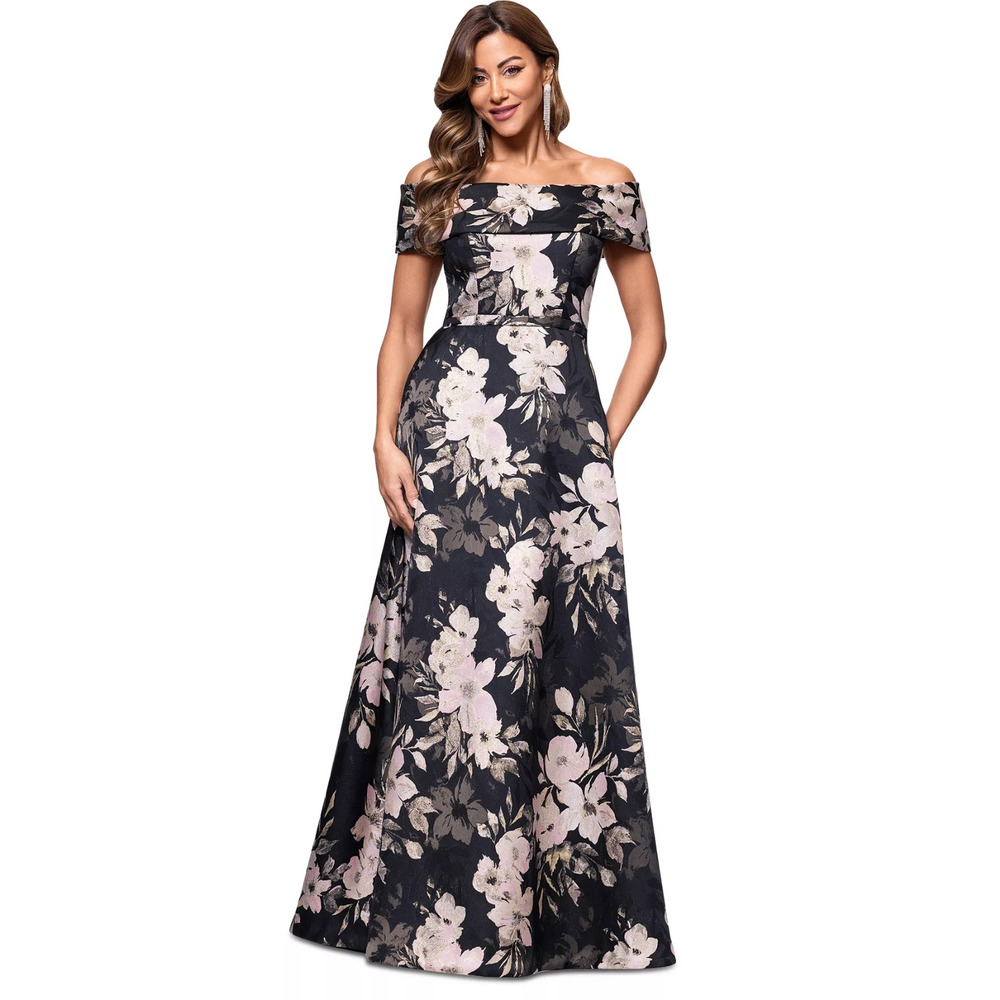Xscape Off-Shoulder Black Maxi Dress with Blush Floral Print